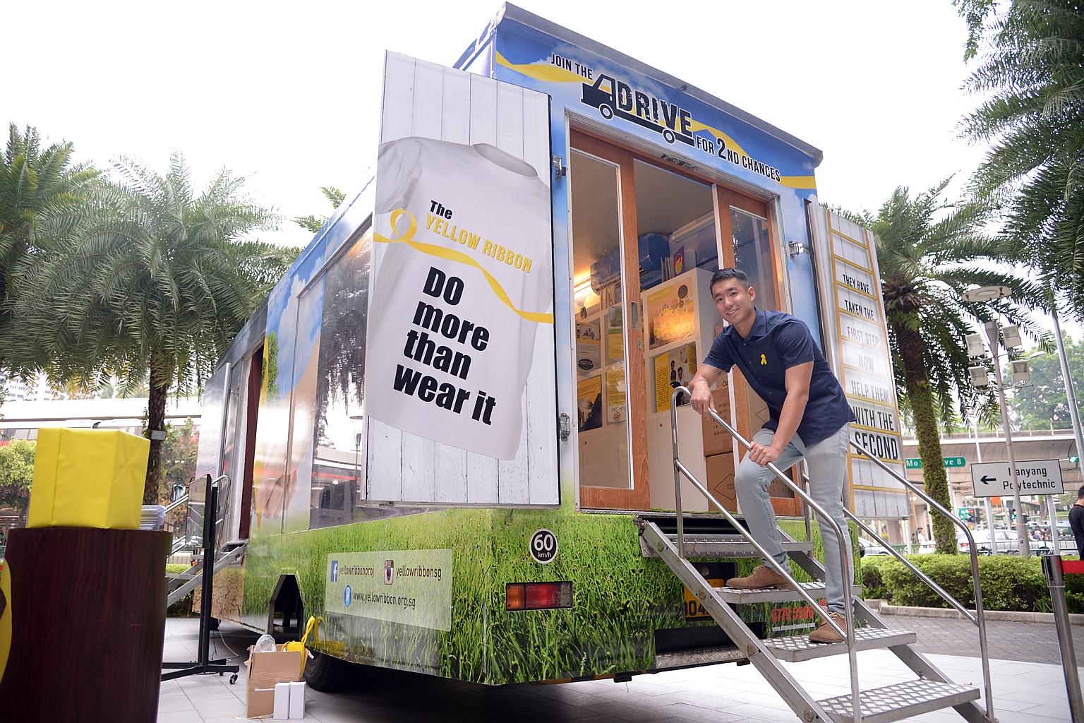 Ex-offender Ng Ting Wei is grateful for the help he received from the Yellow Ribbon Project, and now volunteers at its events. He will be sharing his experiences with visitors to the Yellow Ribbon Community Truck.