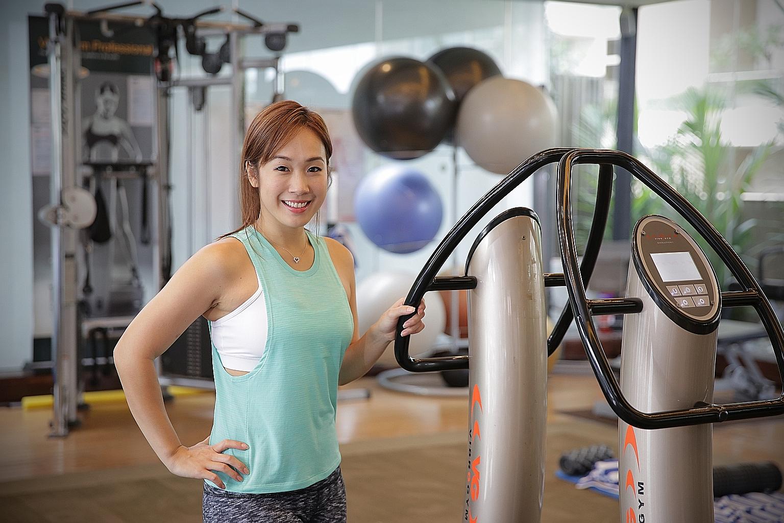 Food columnist Victoria Cheng works out twice a week with VibroGym equipment because the vibrating movements help her achieve results more quickly. Her routines vary through the week, with bike rides, tennis, wakeboarding, martial arts and salsa danc