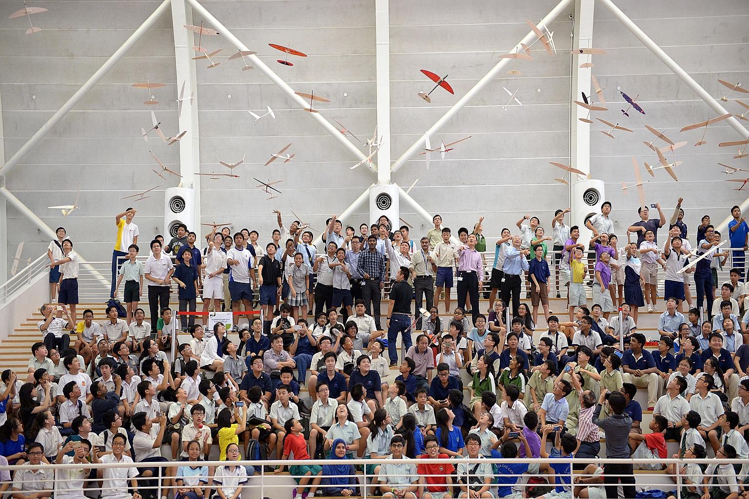 Fifty-seven balsa wood gliders were launched into the air simultaneously yesterday - setting a new Singapore record. The event was part of Republic Polytechnic's annual Glider Fest competition, which aims to boost interest in aerospace and aviation