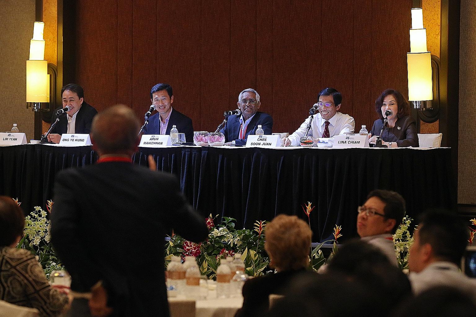 At the final session of the Institute of Policy Studies (IPS) post-election conference yesterday were (from left) Mr Lim Tean from NSP, Mr Ong Ye Kung from PAP, Mr Arun Mahizhnan from IPS, Dr Chee Soon Juan from SDP and Mrs Lina Chiam from SPP. Mr Ar