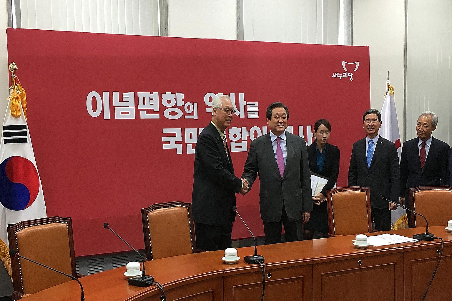 ESM Goh Chok Tong with Saenuri Party chairman Kim Moo Sung yesterday. They agreed Singapore and South Korea can become good partners in growing their respective economies, said local reports.