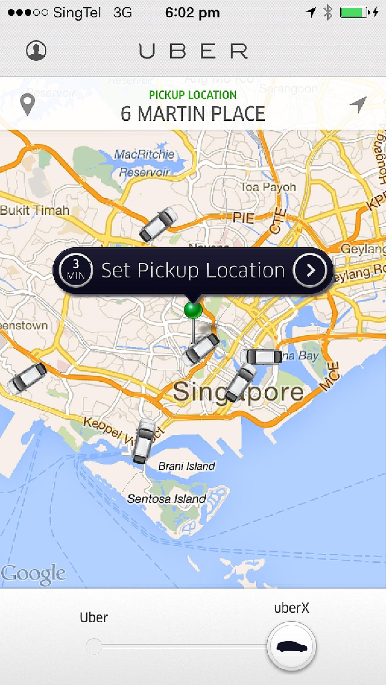 This screen shot shows how UberX users can call for a private car to pick them up. More than half of the respondents in a Sunday Times online poll said they used booking apps as often as every day.