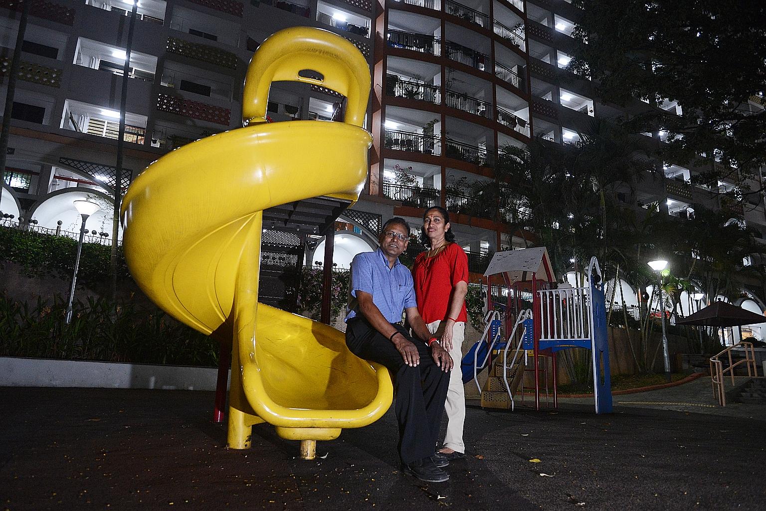 Madam Kalaich Chelvi Perianan and her husband Ganesan Kulandai at a playground in Everton Park. Madam Chelvi had been living in the estate since she was young and decided to make it her home even after she married. The couple bought a three-room resa