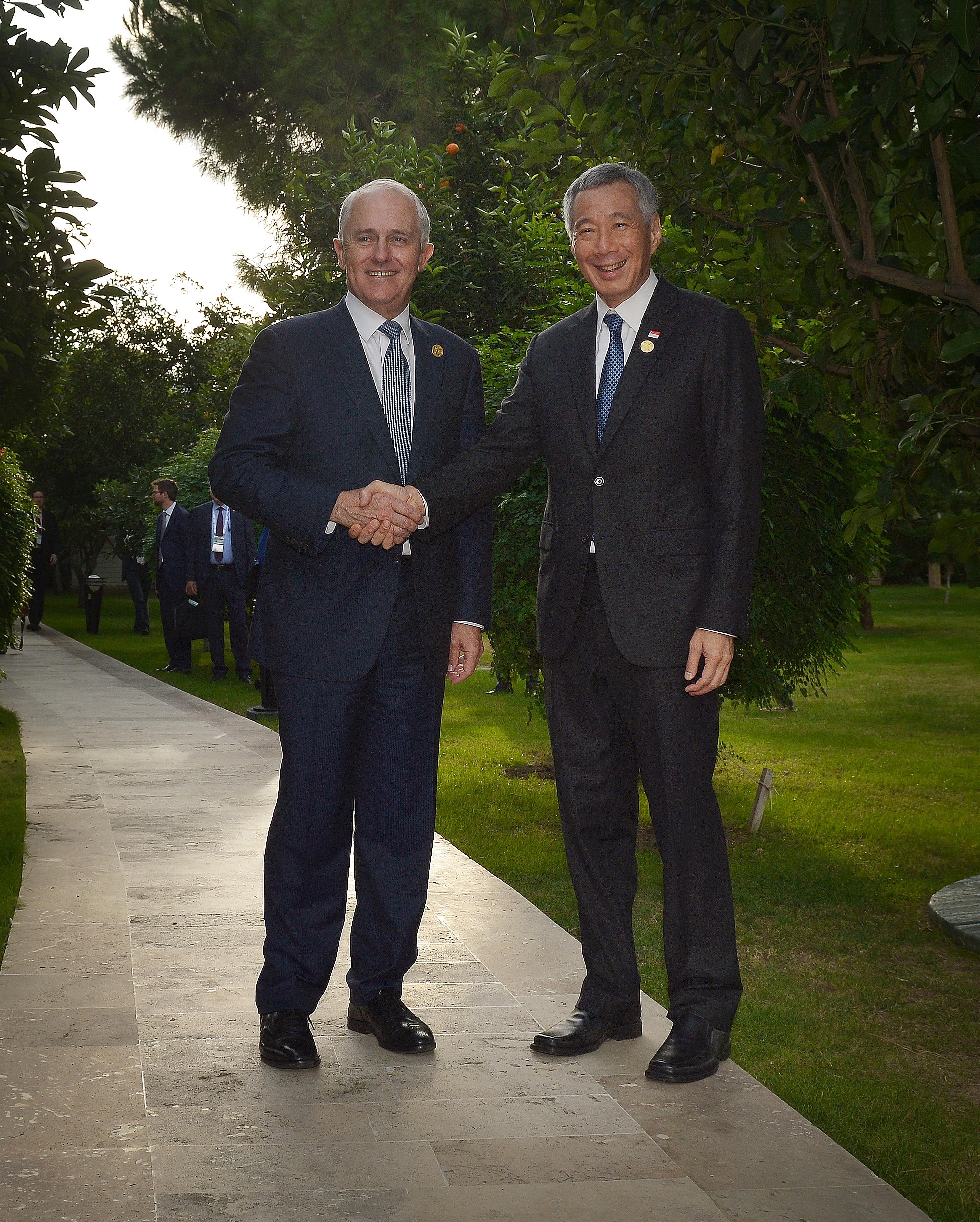 Prime Minister Lee Hsien Loong and Australian Prime Minister Malcolm Turnbull greeting each other before their breakfast meeting yesterday in Antalya, Turkey, where both leaders are attending the G-20 Leaders' Summit. It was their first meeting since