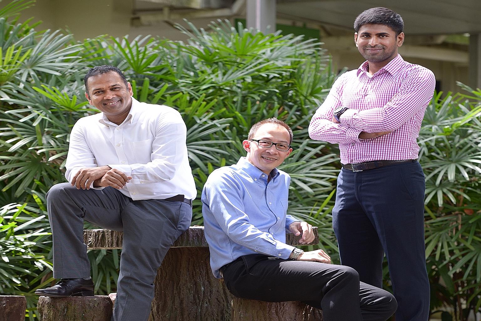 (From left) Singapore Environment Council assistant executive director Gerard Christopher, executive director Edwin Seah, and head of eco-certifications and lead environmental engineer Kavickumar Muruganathan.