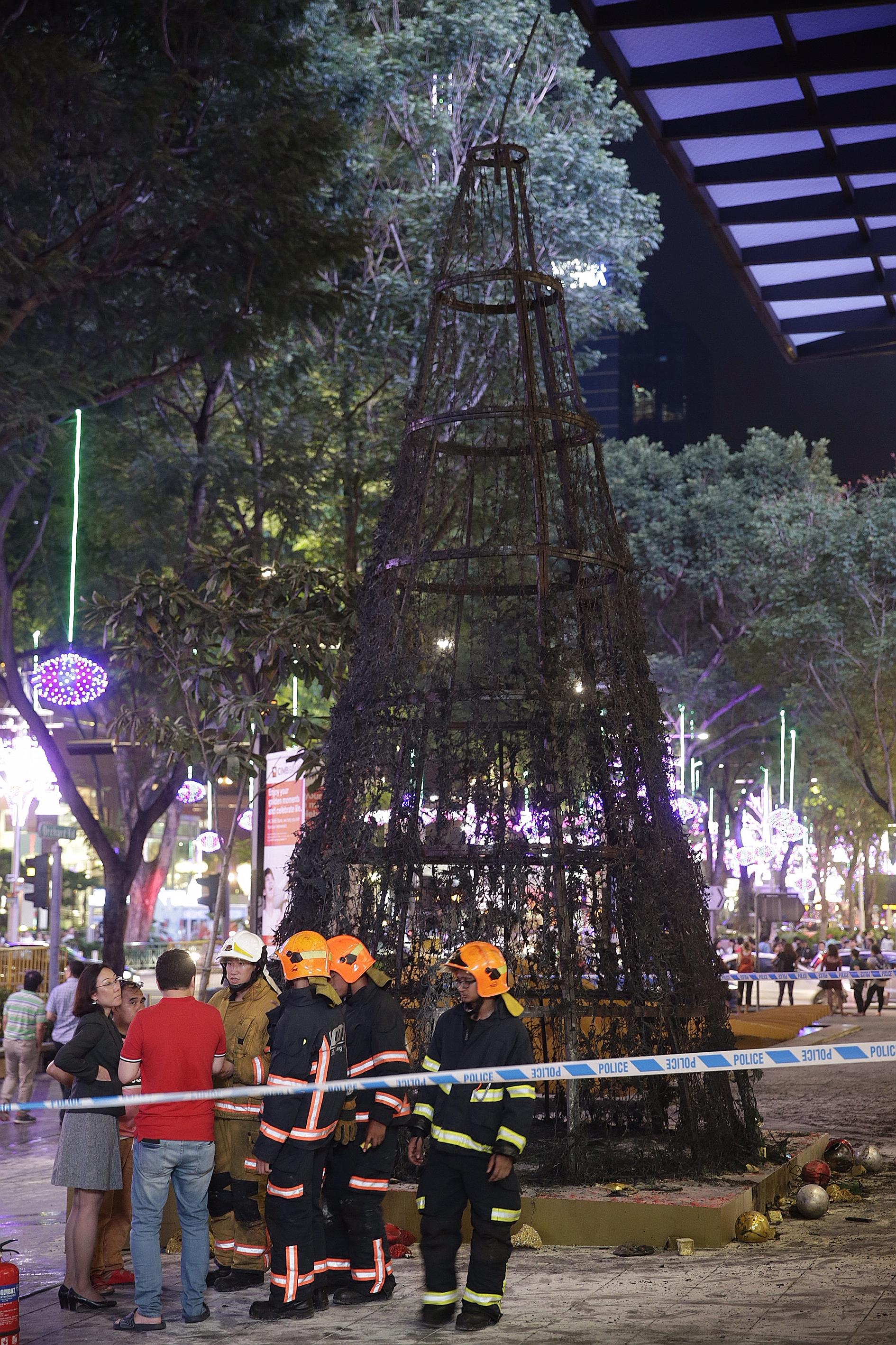 This is what remained of a Christmas tree along Orchard Road, after it went up in flames at around 9pm yesterday. The fire was put out by security guards and no injuries were reported. Ms Wu Ning Li, 30, was walking towards Paragon shopping centre wh