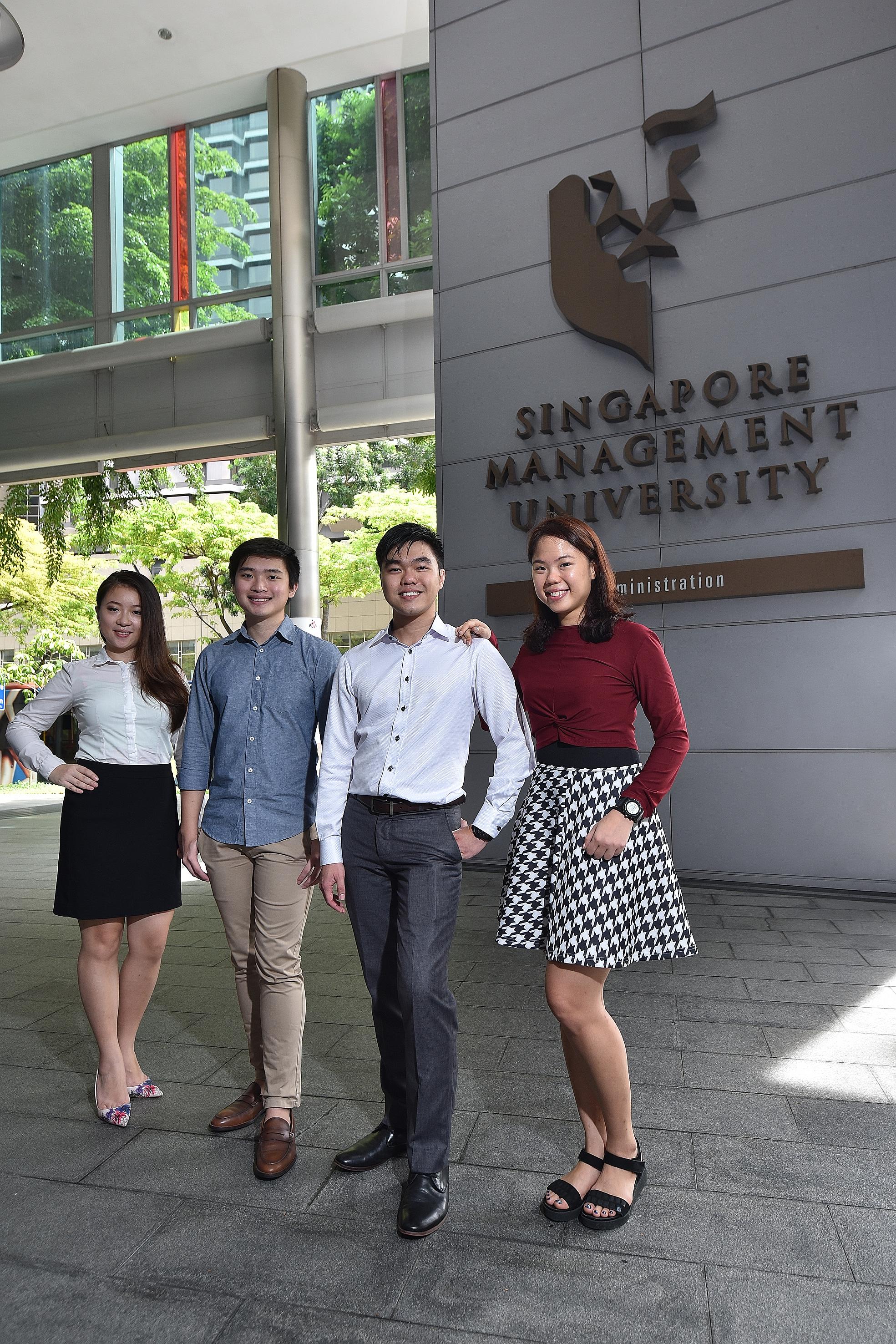 SMU students (from left) Zhang Qianruixue, 23; Nicholas Han, 23; Lee Teck Hui, 25; and Lee Jinq Yi, 24, took part in the school's Entrepreneurship Immersion Programme this year.
