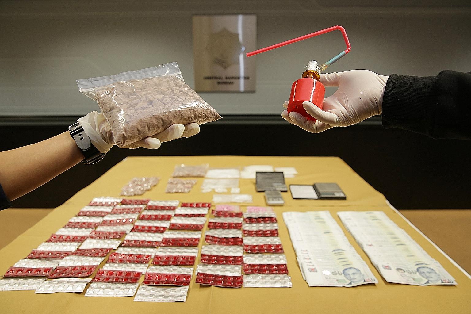 More than $103,000 worth of drugs were seized during the operation, including about 400g of Ice and ketamine, more than 900g of heroin, more than 800 Erimin-5 tablets and some 90 Ecstasy tablets. Digital weighing scales and drug-smoking apparatus wer