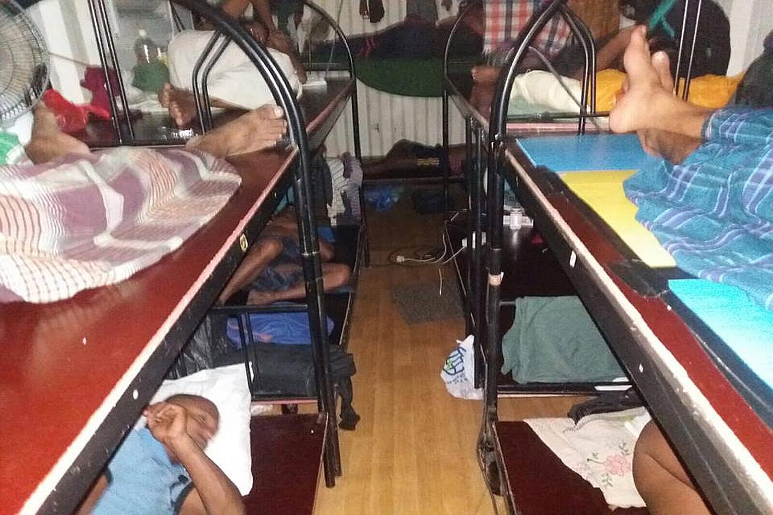 The workers, of various nationalities and working mostly in construction, slept on bunk beds in conditions described by the Migrant Workers Centre (MWC) on its Facebook page as "cramped and dirty". MWC found only four showers and one toilet on the si
