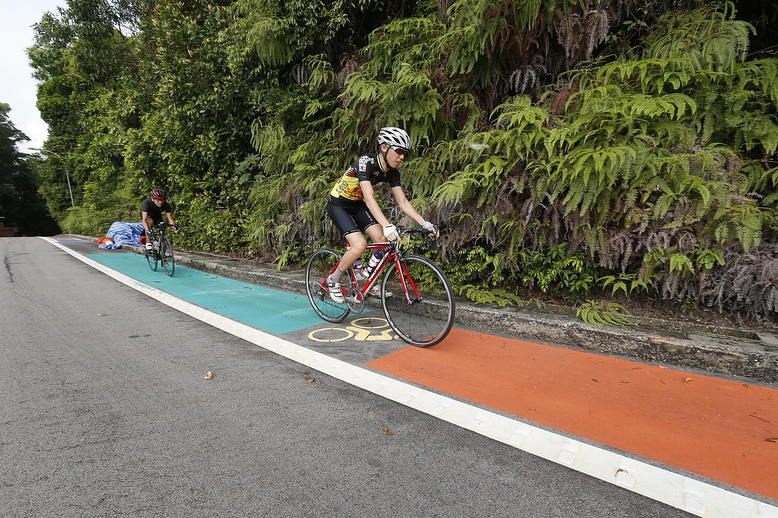 Undergraduate John Ang (right), 22, and national serviceman Calvin Wong, 20, trying out Sentosa's new on-road cycling lane yesterday.