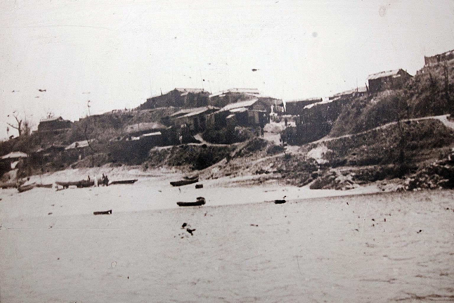 Old photos showing scenic Bamseom's sandy white beaches (far left) and the homes of its residents (left) before they were relocated to the slopes of Mount Wawoo in western Seoul.