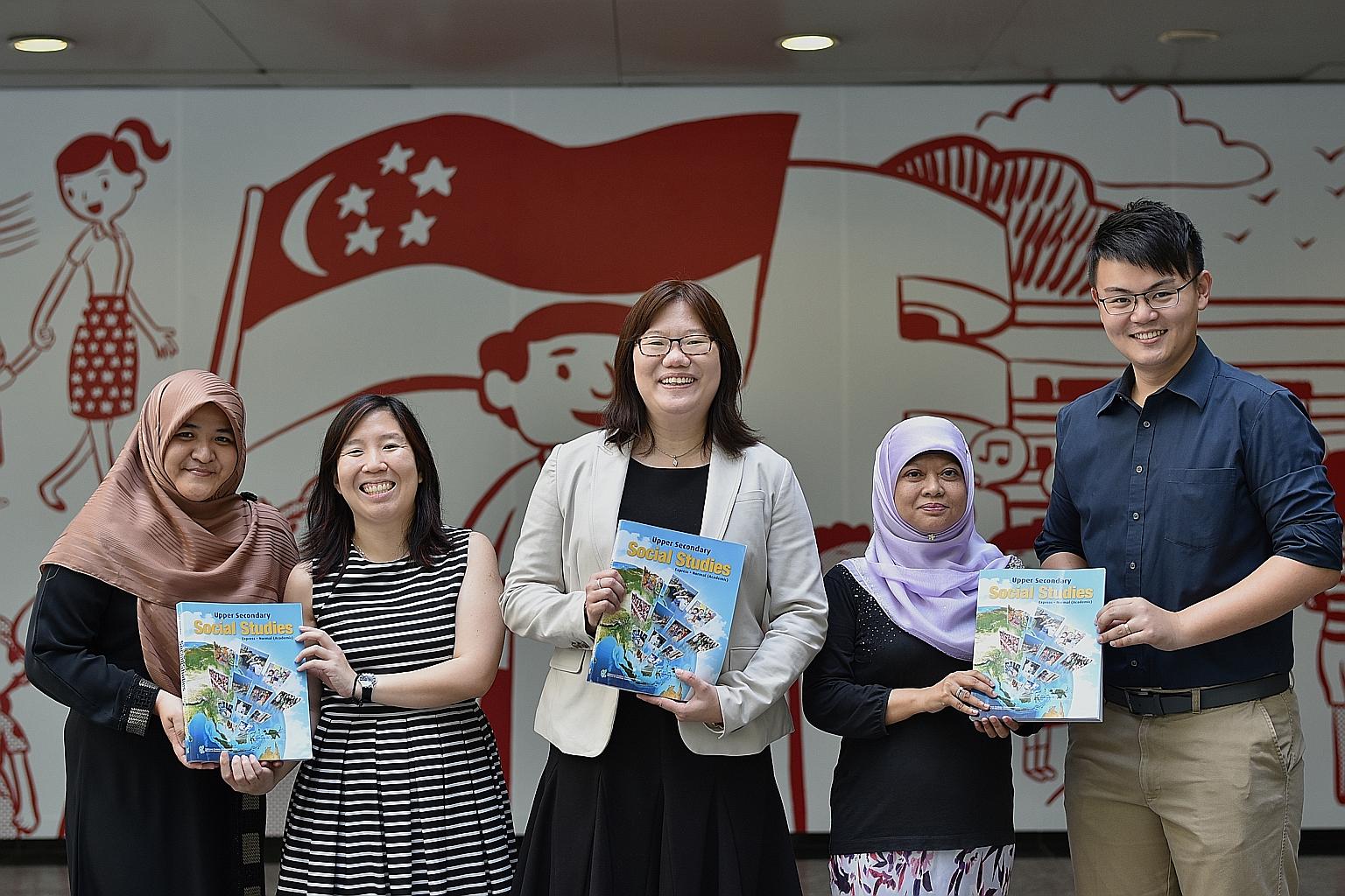 The Ministry of Education team that worked on revising the upper secondary social studies syllabus includes (from left) assistant director Azlinda Samsudin, curriculum planning officer Sandra Yam, deputy director for humanities Marilyn Lim, senior cu