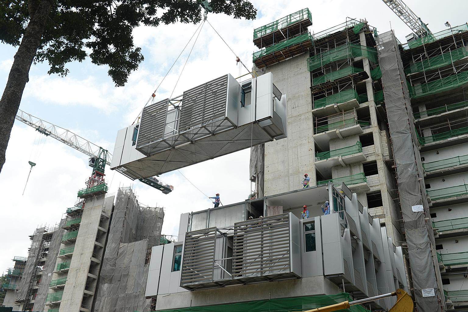 Three NTU residential halls are being built "Lego style" - with entire rooms made elsewhere and then stacked on top of one another on site. The framework, under which designers and developers must meet a minimum standard of labour-saving methods and 