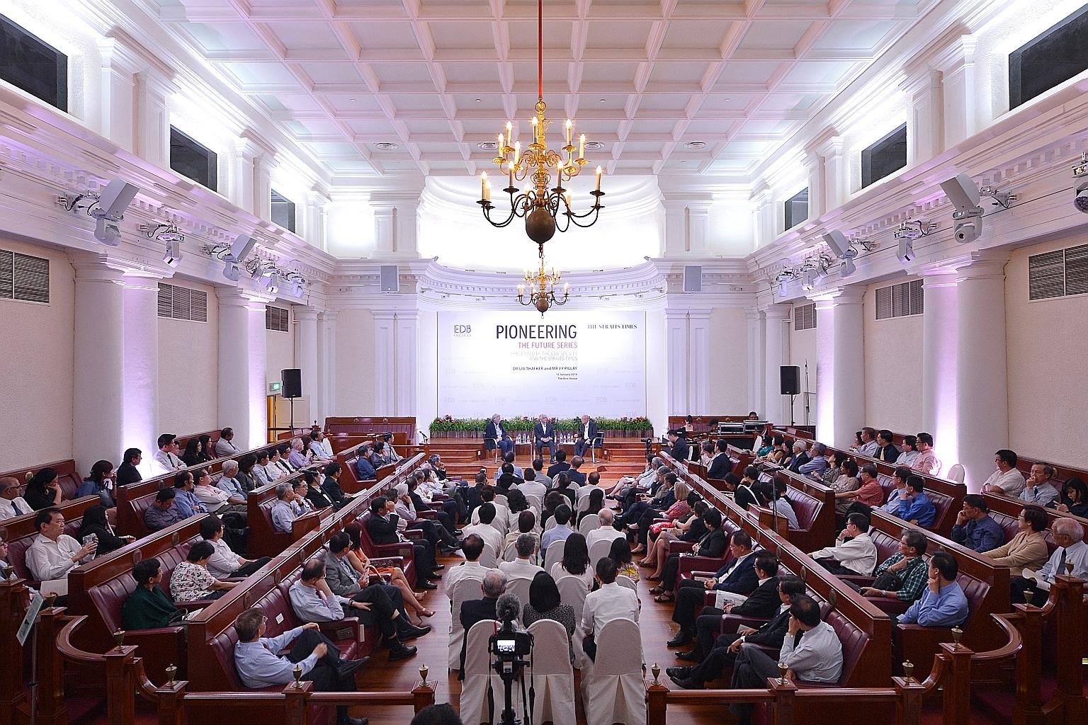 The second of six forums this year, run by the EDB Society and ST, attracted more than 250 people, including more than 20 ST readers, who turned up to listen to Mr Liu Thai Ker (left) and Mr J.Y. Pillay (centre). The dialogue was moderated by ST edit