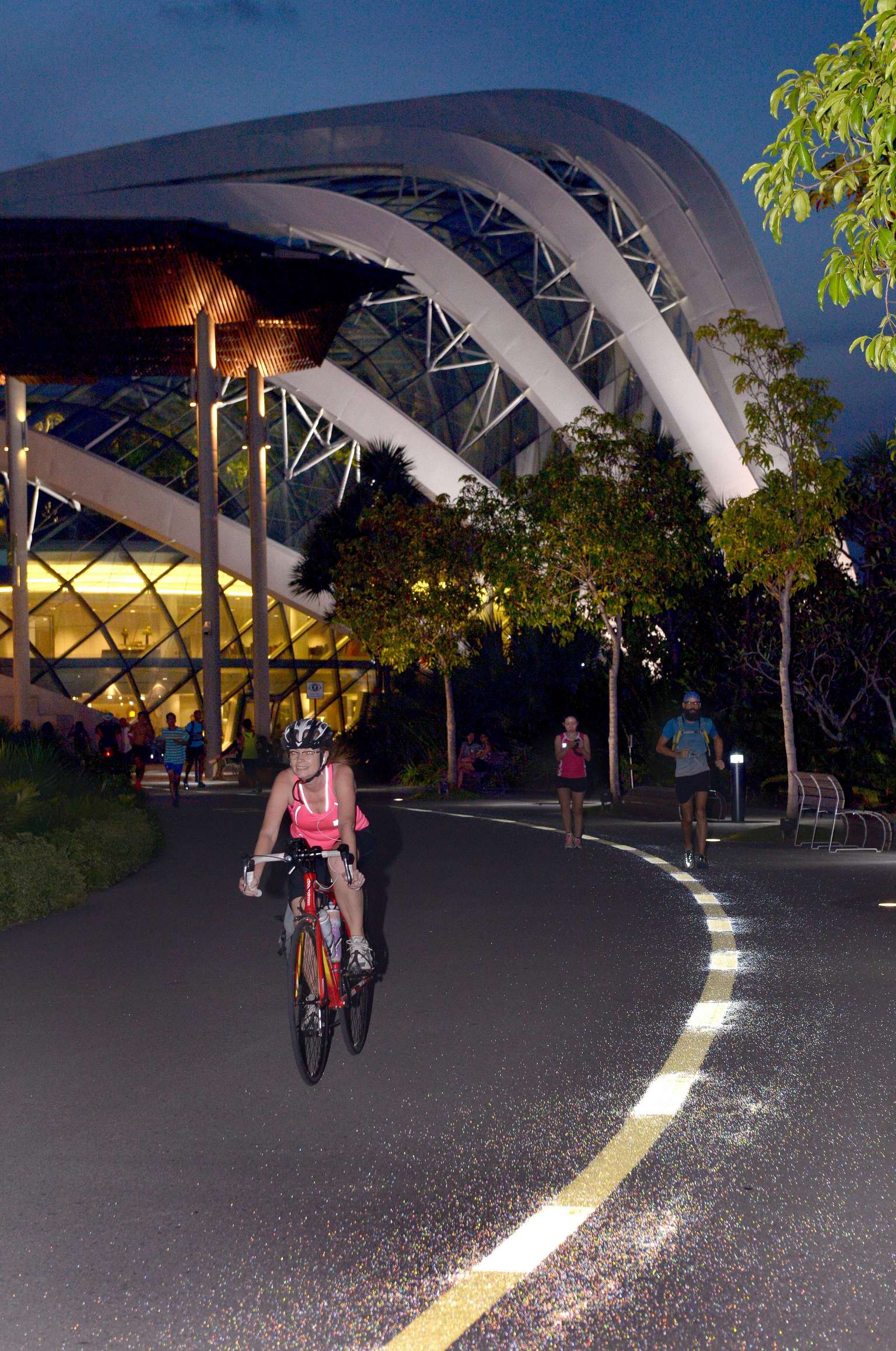 Metre-long markings have been painted at intervals of 2m to make the demarcation between cycling and jogging paths more visible at night and in low visibility. The strips have been applied along a 1.5km stretch at Bay East as well as another kilometr