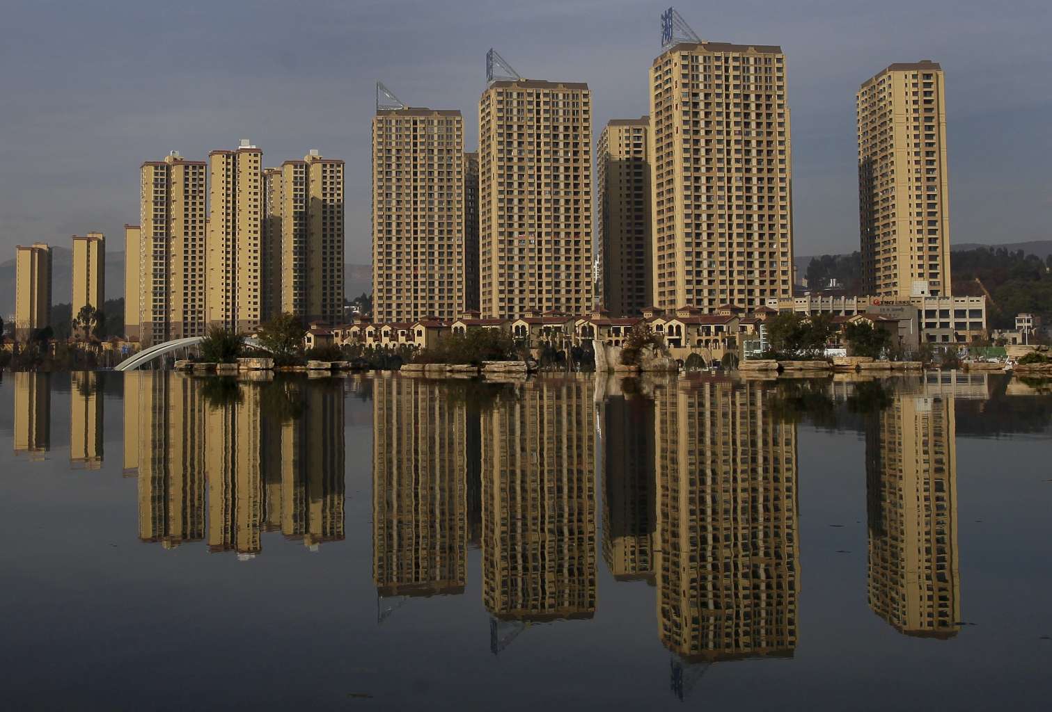 Newly constructed residential buildings at Kunming Waterfall Park, China.