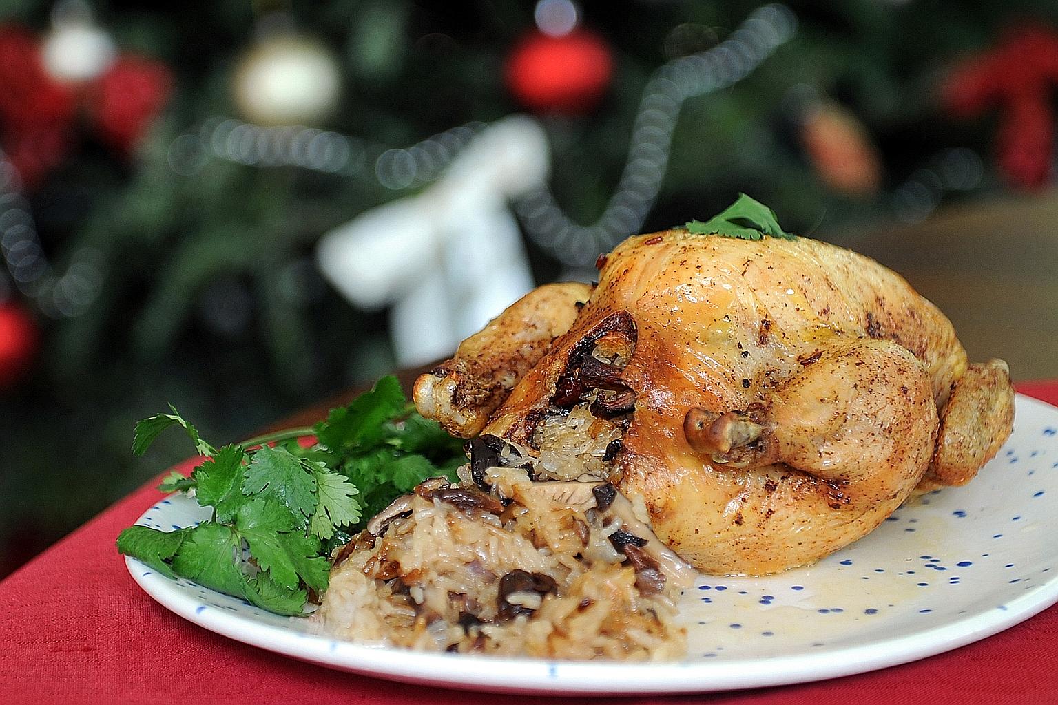 The roast chicken, eithercarved in the kitchen orat the table, should be served with the rice stuffing. Serves fourto six.