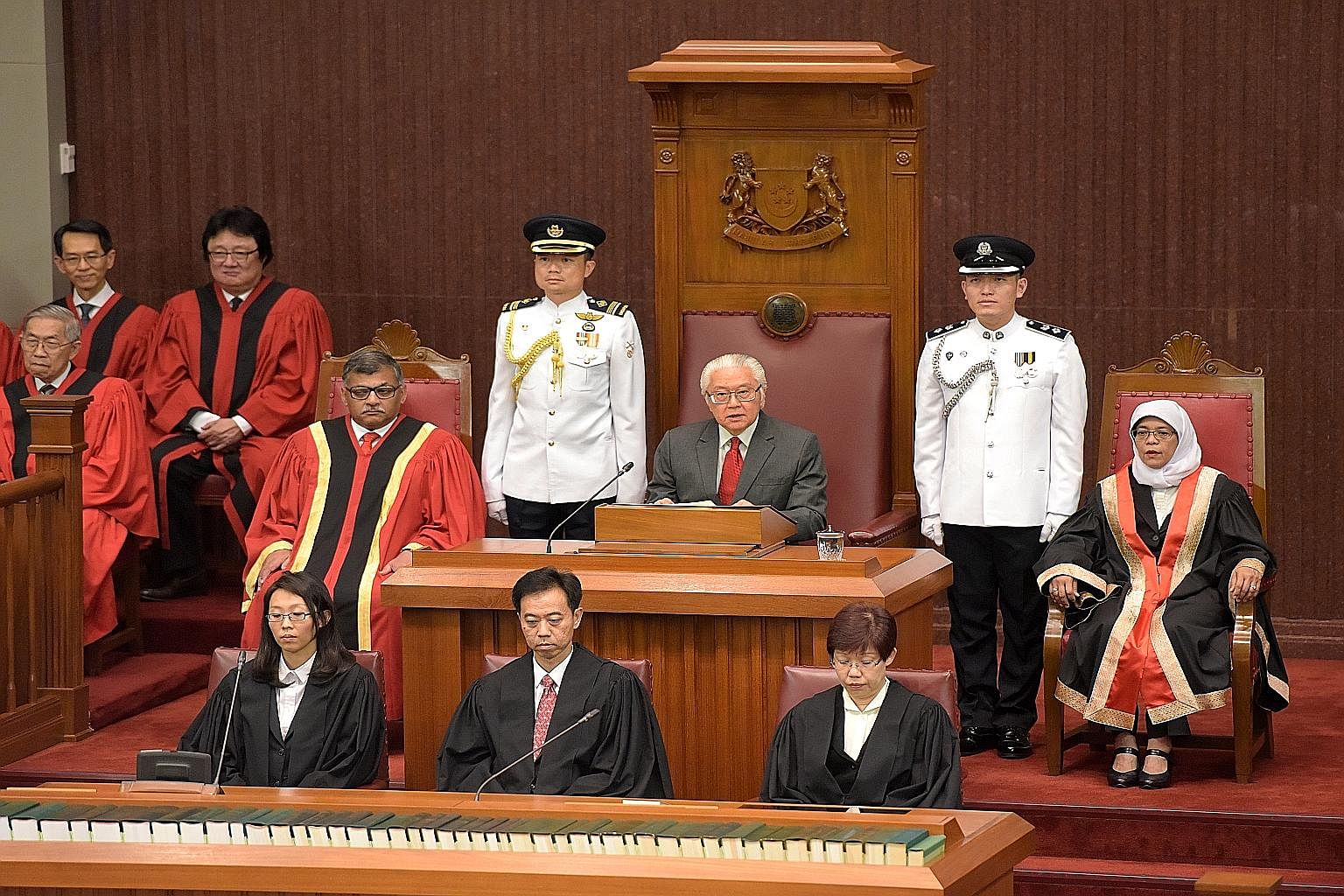 President Tony Tan Keng Yam opening the first session of the 13th Parliament last Friday, flanked by Chief Justice Sundaresh Menon (at far left) and Speaker of Parliament Halimah Yacob. Doing away with the direct, competitive election of the presiden