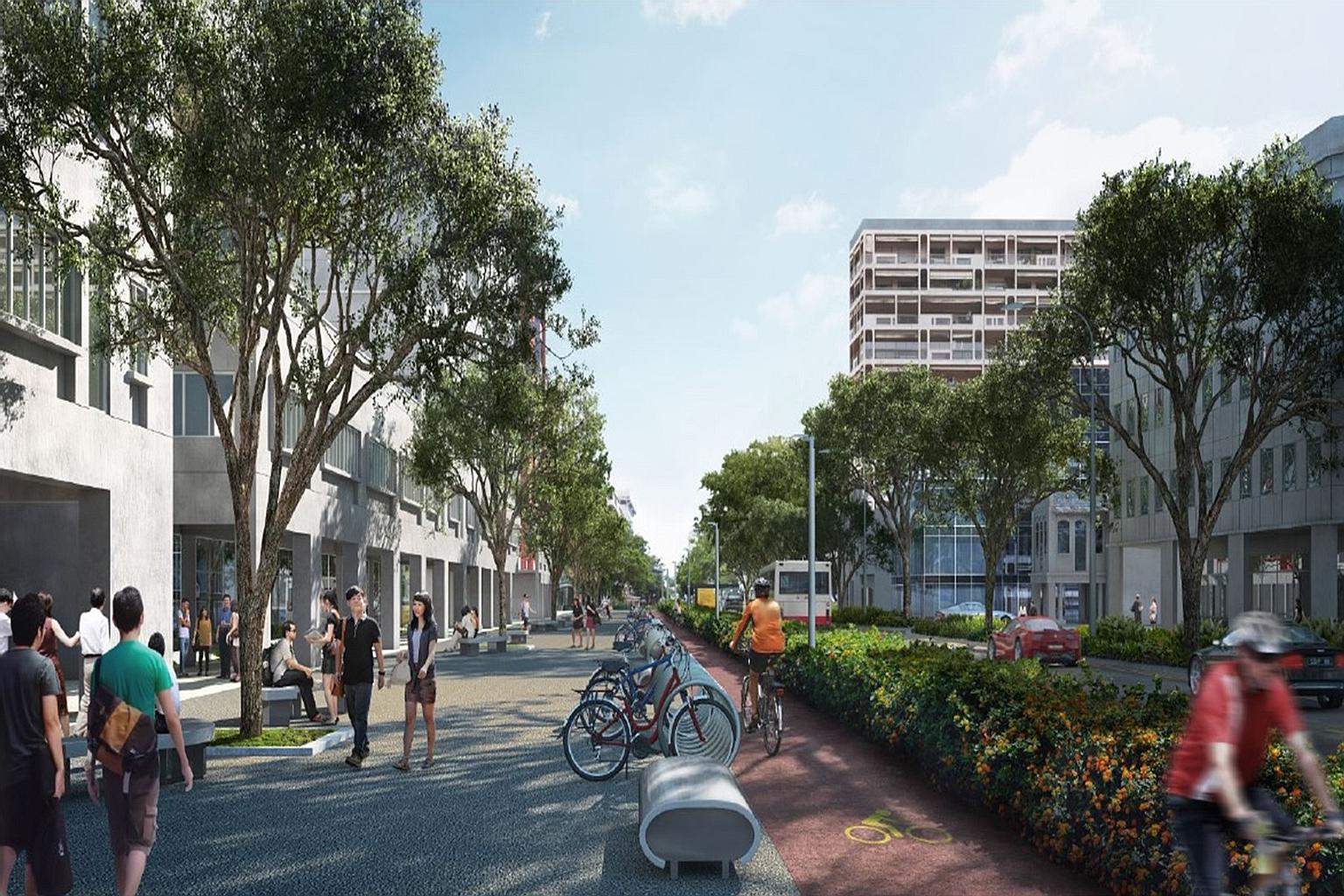An artist's impression of Bencoolen Street, which will have a tree-lined footpath and a dedicated cycling lane on a 450m stretch between Middle Road and Bras Basah Road.