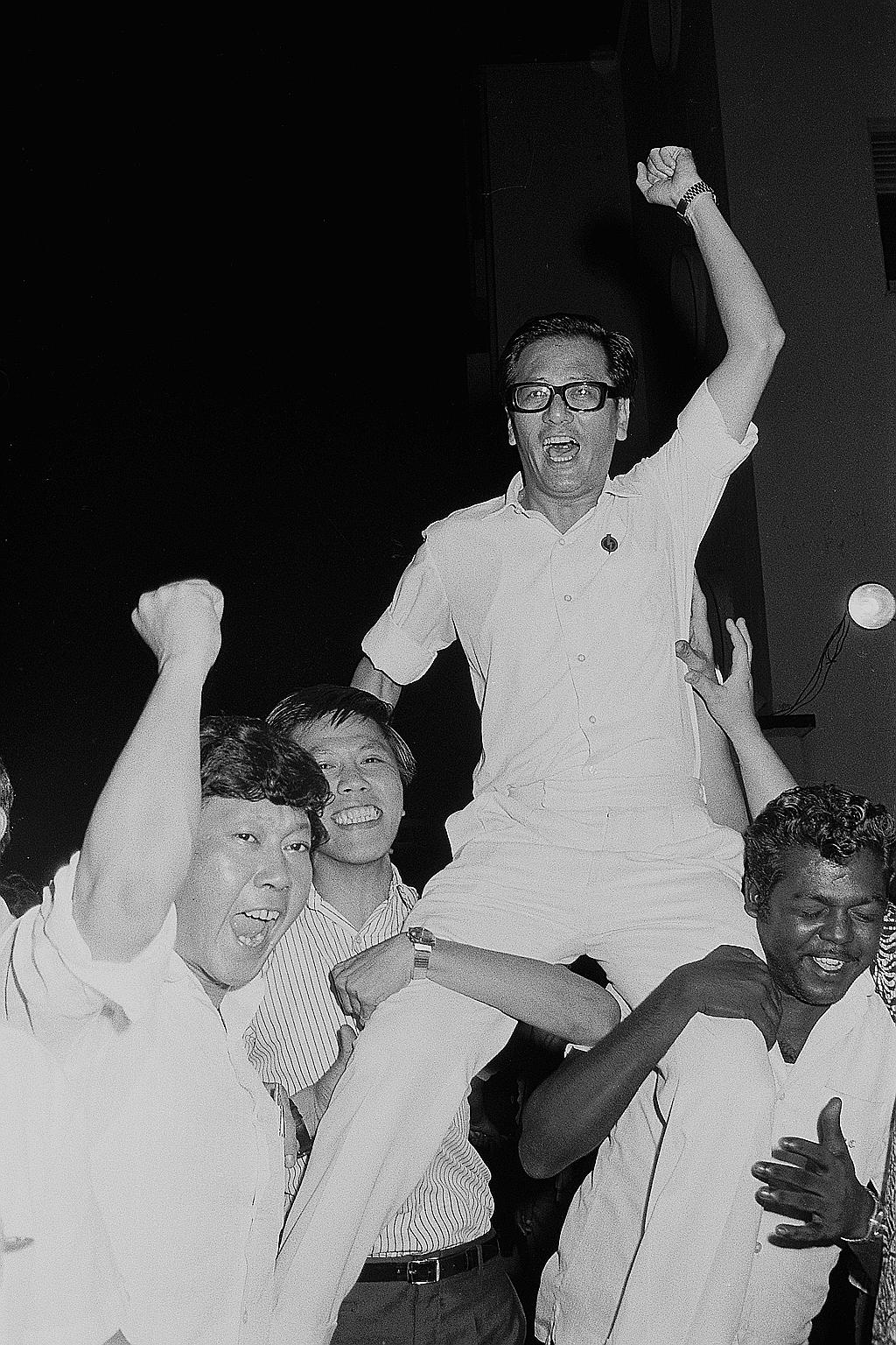 Phey, who ran as the PAP's candidate in Boon Teck, celebrating his victory in the 1972 General Election. Four years later, he stood for re-election and won.