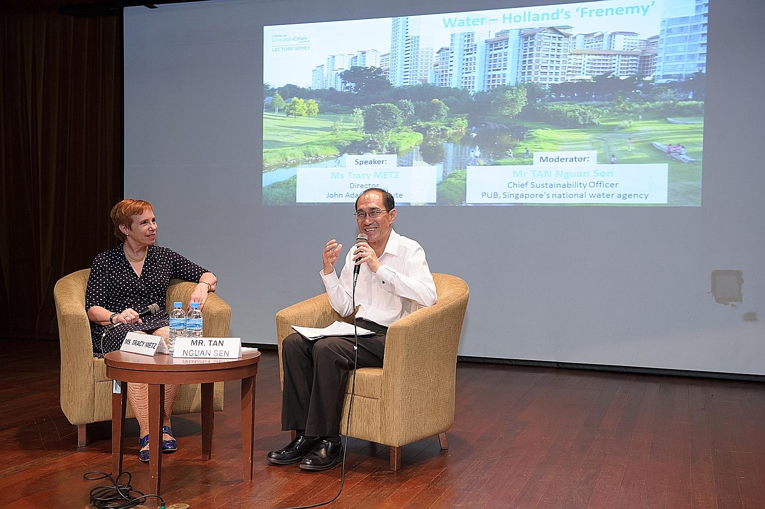 Ms Tracy Metz, director of John Adams Institute in Amsterdam, and PUB chief sustainability officer Tan Nguan Sen at a lecture and Q&A session organised by the Centre for Liveable Cities.
