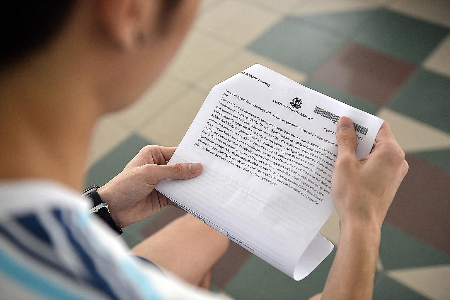 A man who fell victim to a scam by a "consultant" lodging a police report. The scam was built around the Productivity and Innovation Credit scheme.