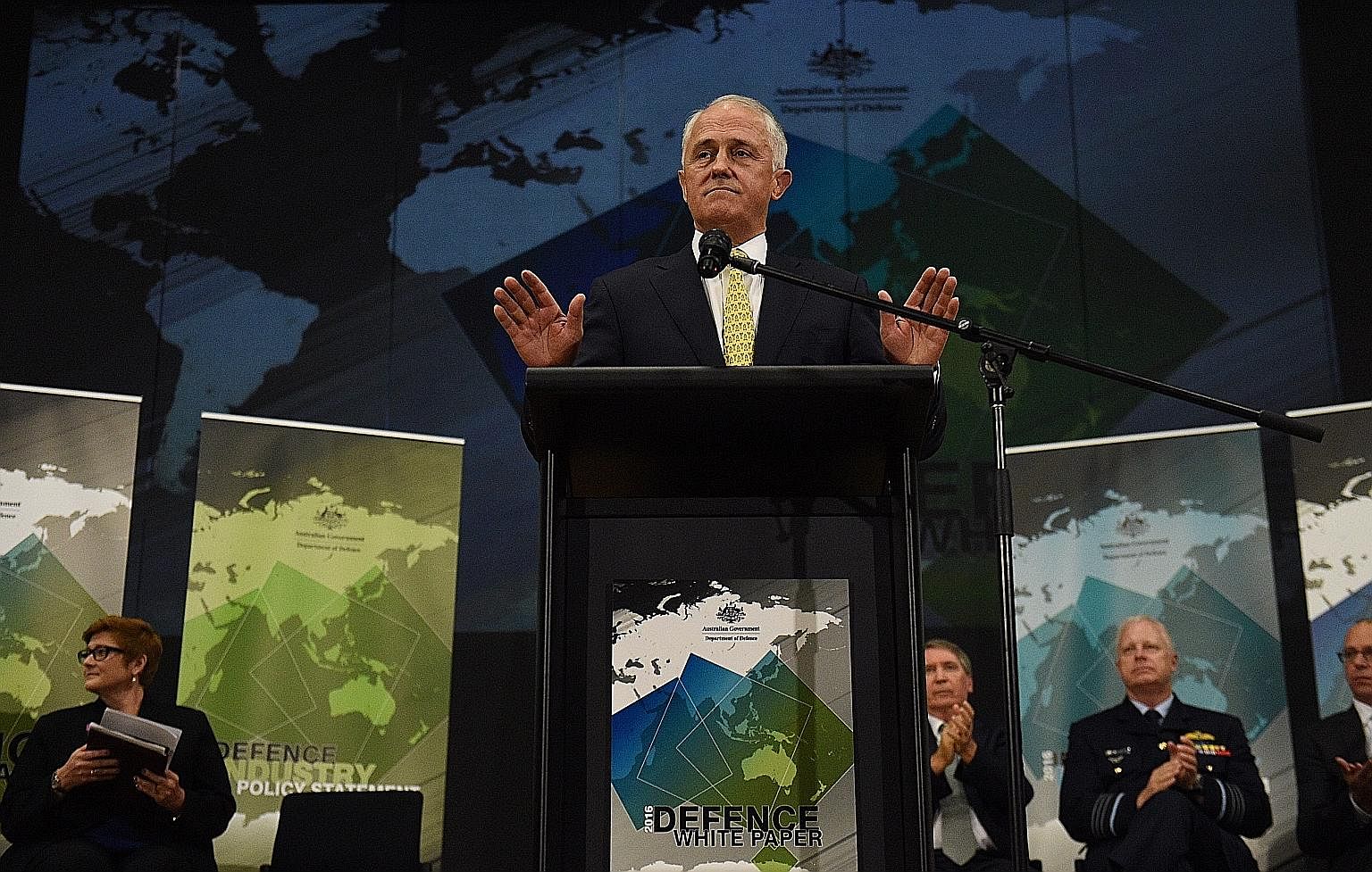 Prime Minister Malcolm Turnbull speaking during the presentation of the Defence White Paper at the Australian Defence Force Academy in Canberra last Thursday.