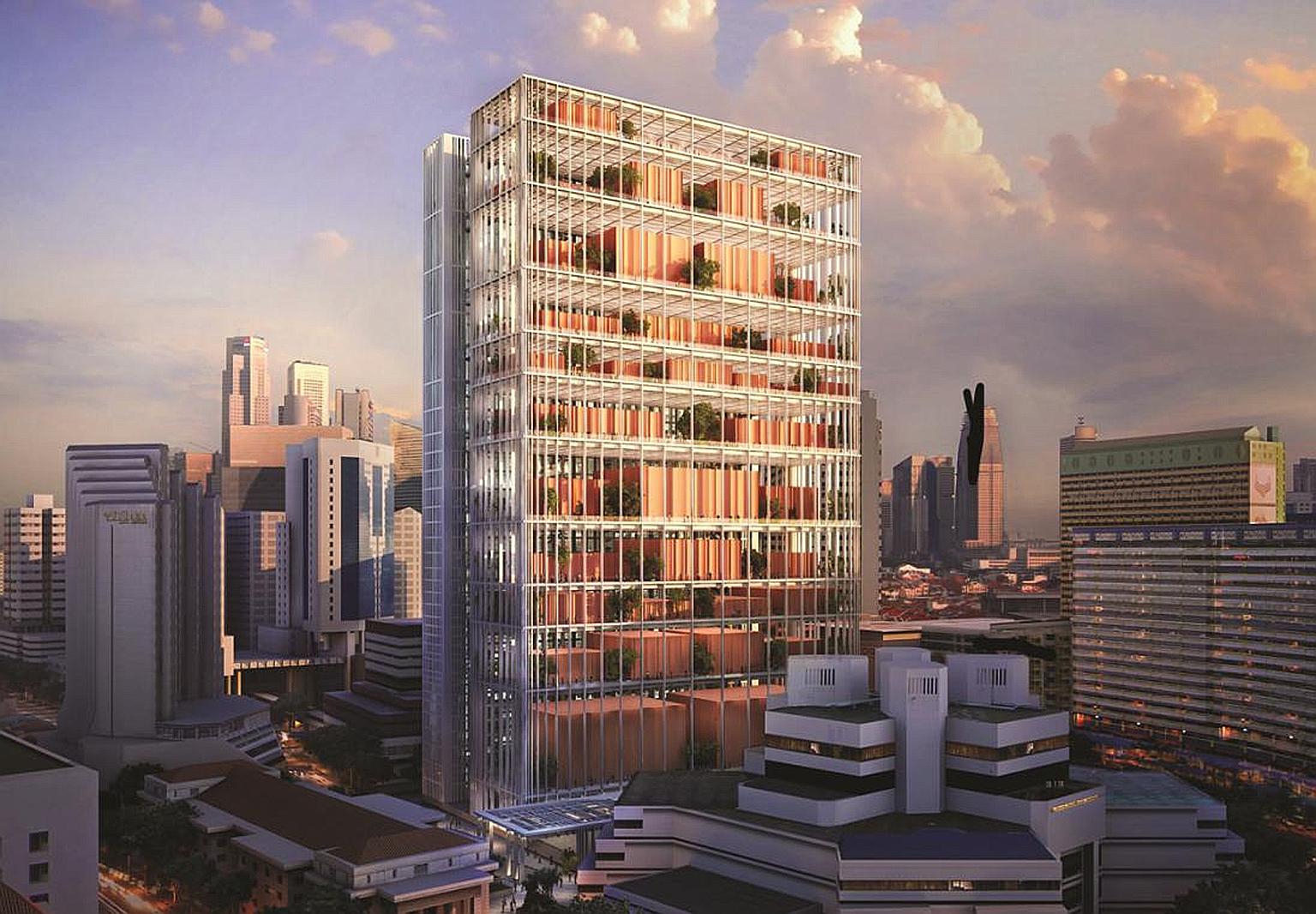 Artist's impression of the State Courts complex, which will be eco-friendly, featuring naturally ventilated corridors and high-rise gardens. Courtrooms will sit on open-air platforms surrounded by greenery.