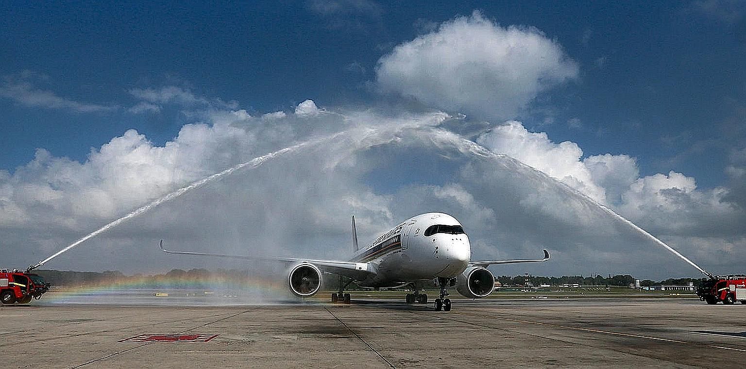 Two fire engines gave the Airbus 350 a water-cannon salute - reserved only for historic aviation moments - as it taxied to the parking bay at Changi Airport's Terminal 3 yesterday. SIA is the biggest customer for the fuel-efficient A-350-900, with 67
