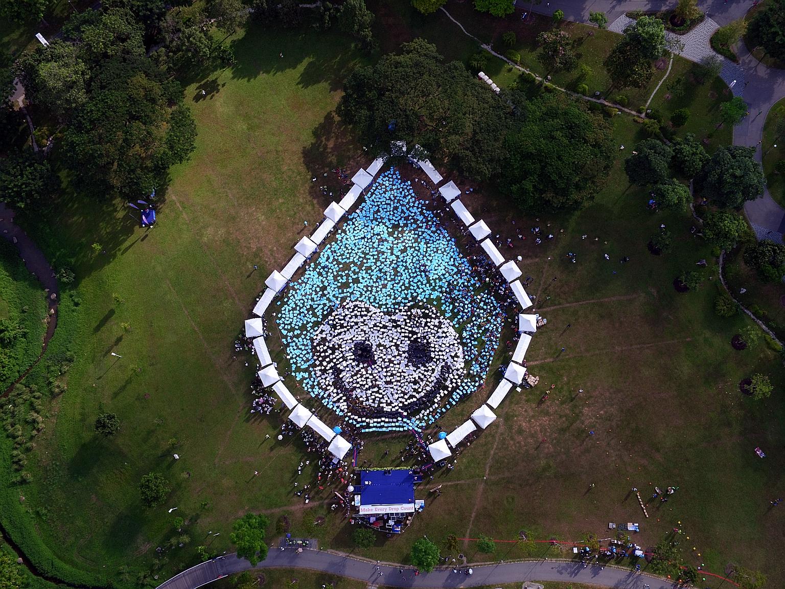 Aerial view of Water Wally, the mascot of national water agency PUB, at the launch of the Singapore World Water Day celebrations at Kallang River @ Bishan-Ang Mo Kio Park yesterday.