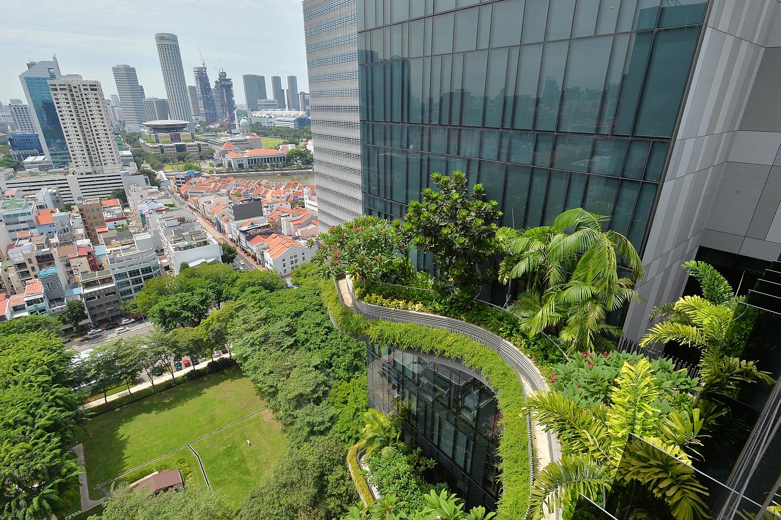 Eco-friendly buildings here include Parkroyal on Pickering, with its vertical garden, which helps save costs by cooling surface temperatures.