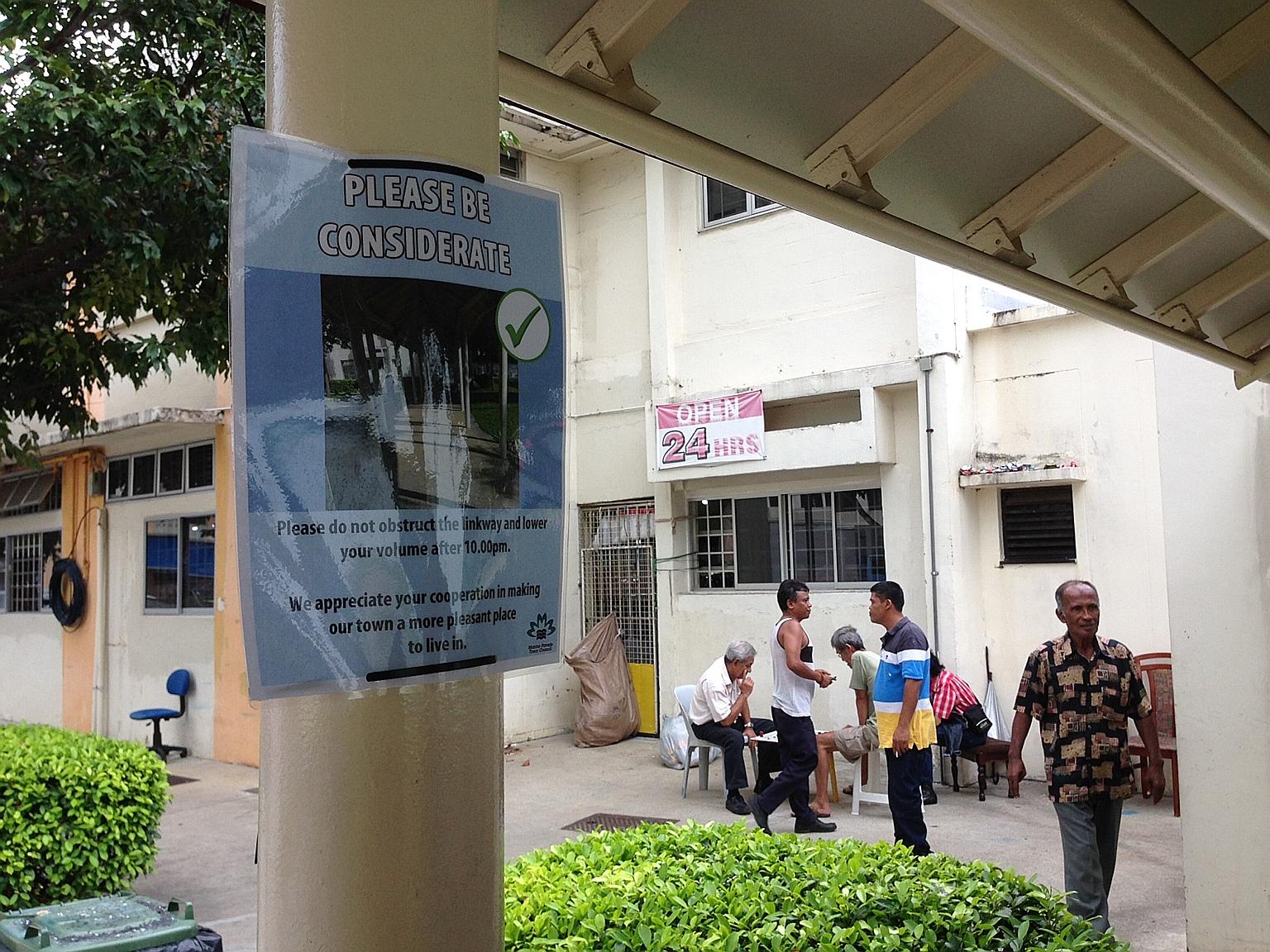 The posters at the void deck and covered walkway of Block 11, Haig Road, were removed yesterday and replaced by new ones with the heading, "Please be considerate". A Marine Parade Town Council spokesman said the aim of the original posters was to "de