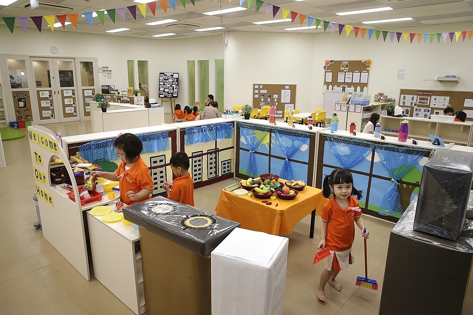 The new My First Skool childcare centre at Punggol Waterway Point has a floor area of 1,648 sq m and can accommodate 375 children. This means shorter waiting times for parents. Three more jumbo MFS childcare centres are slated to open in Edgefield Pl