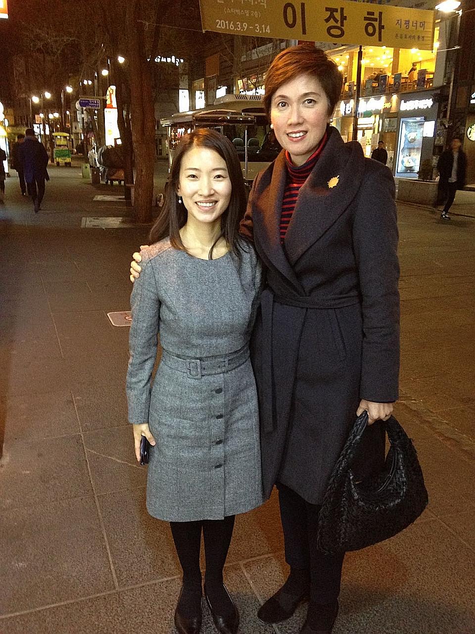 Mrs Josephine Teo (right) with Ms Kim Minhye in Seoul. Ms Kim, who met her husband through a dating agency in South Korea, is currently pursuing a PhD in sociology at NUS, and shuttles back and forth between Korea and Singapore.