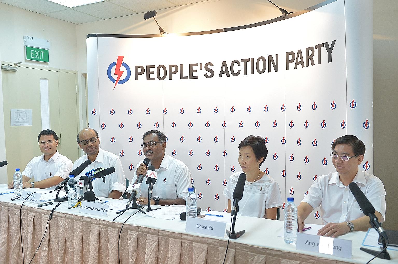 Mr Murali (centre) being introduced as the PAP candidate for the upcoming by-election in Bukit Batok constituency. Also at the press conference were (from left) Senior Minister of State for Home Affairs and National Development Desmond Lee, DPM Tharm