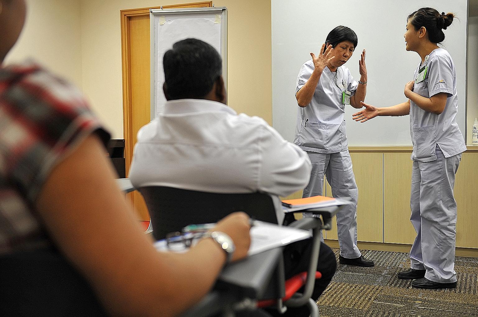A training session for front-line healthcare staff to handle difficult patients without hurting them. Nurses who spoke to The Sunday Times said roughly four in 10 patients are likely to raise their voices against healthcare staff.