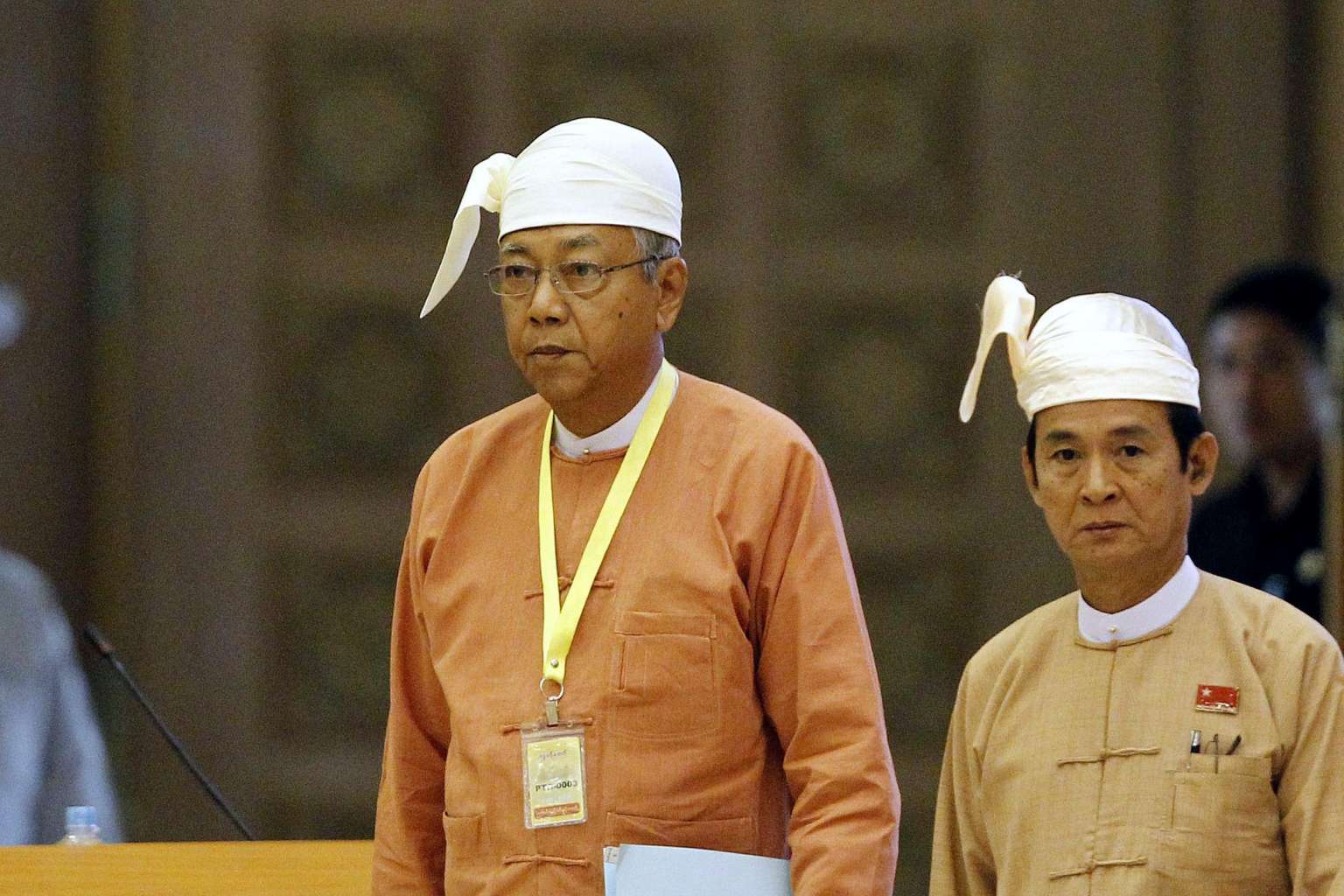 Newly elected Myanmar President Htin Kyaw (left) attending a parliamentary session in Naypyitaw on March 21.