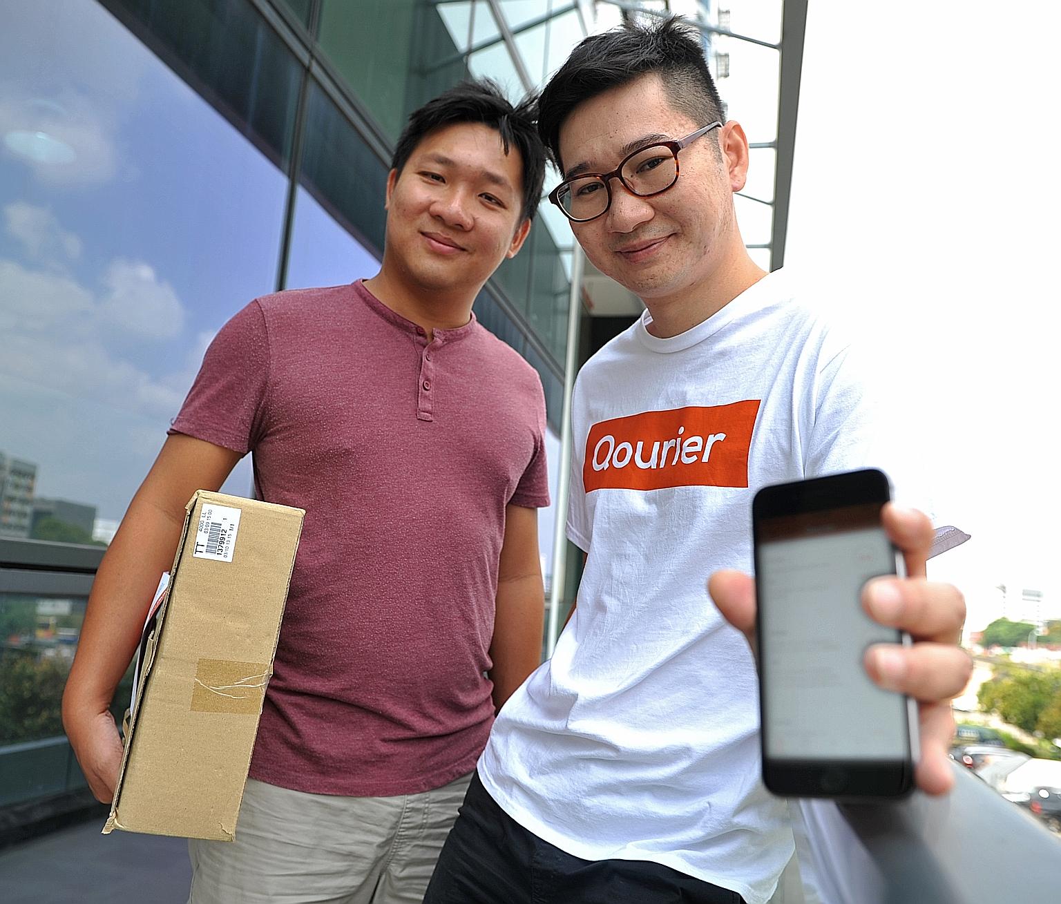 Co-founded in 2014 by Temasek Polytechnic graduates Mr Yee (far left) and Mr Wong, Qourier is an on-demand service that connects customers to crowdsourced couriers.