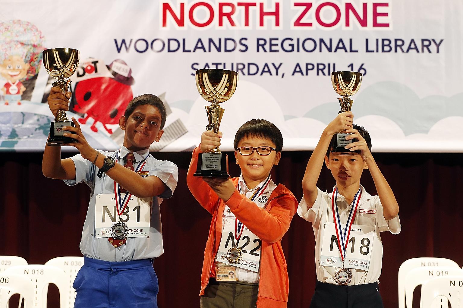 Winners from the north zone quiz are (from left): Rivervale Primary's Babu Sanjaay in second place, Catholic High's Ho Wing Yip in first and Rosyth's Ang Ding Jie in third.