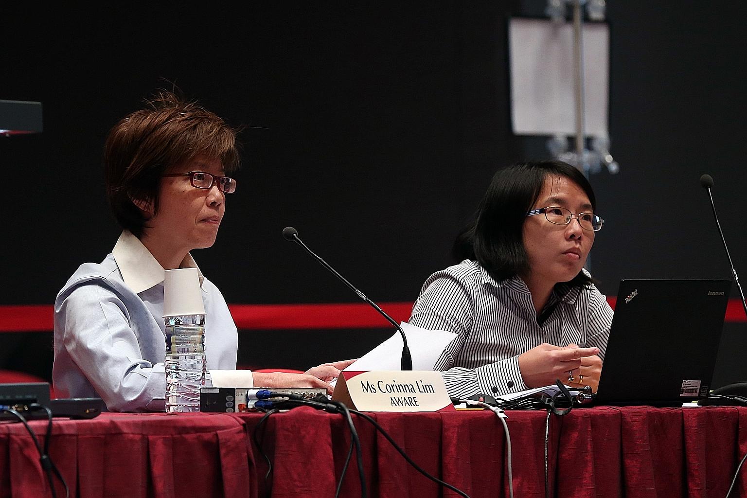 Aware representatives Corinna Lim (left) and Jolene Tan at the hearing yesterday. Ms Lim proposed that those who run organisations with a net asset value of $50 million be considered so more can stand for election.