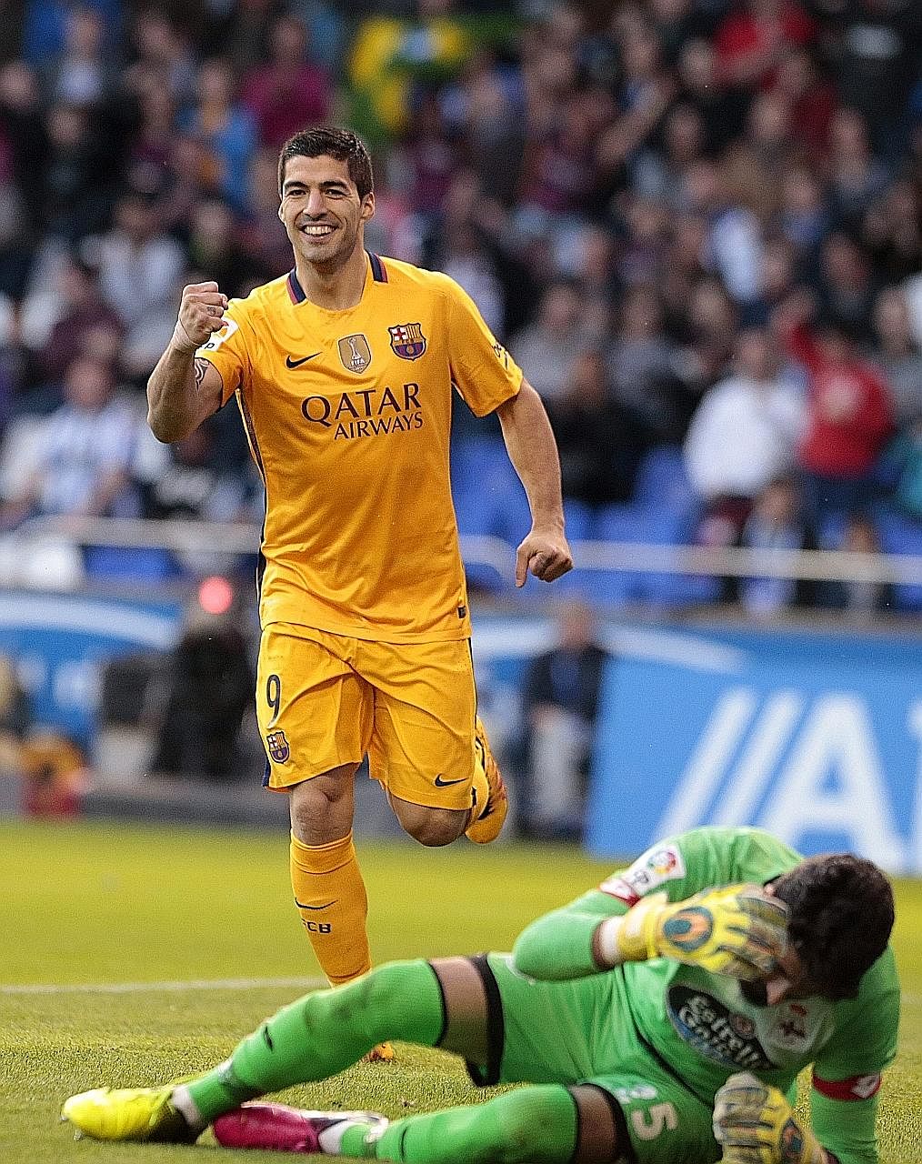 Luis Suarez celebrates completing his hat-trick against Athletic Bilbao. He later added another goal to take his season's tally to 30, clawing within one of Cristiano Ronaldo in the Pichichi standings.