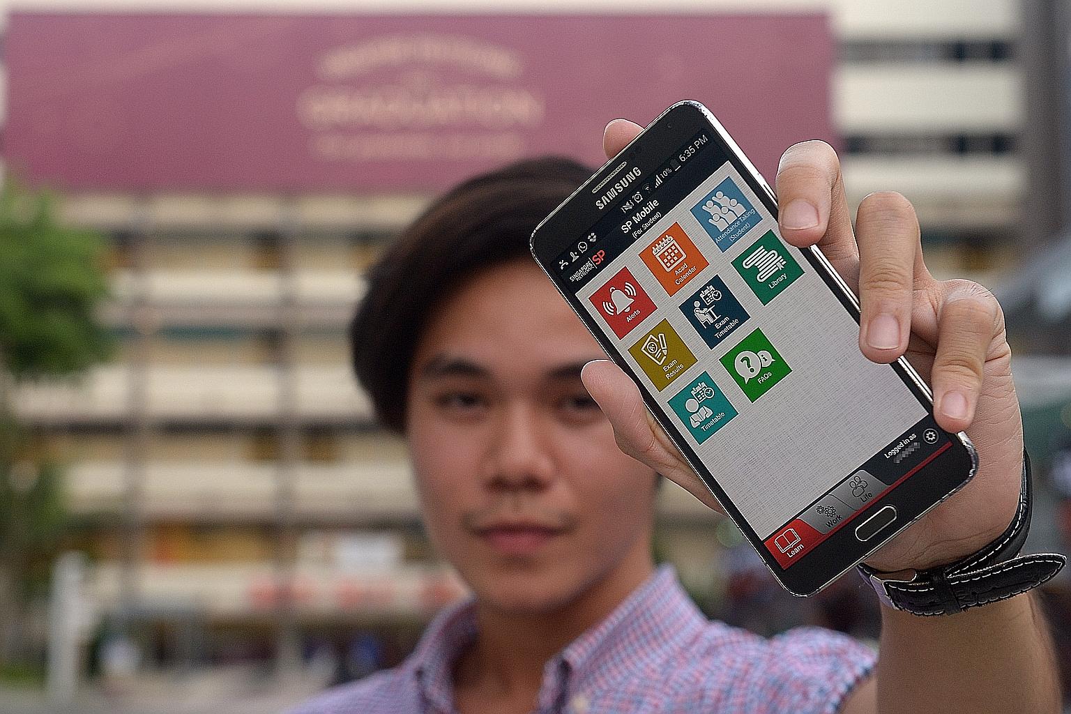 Mr Santos showing the Singapore Polytechnic's attendance-taking app. To mark their attendance, students have to key in a code displayed in class within 15 minutes, or they are marked as absent.