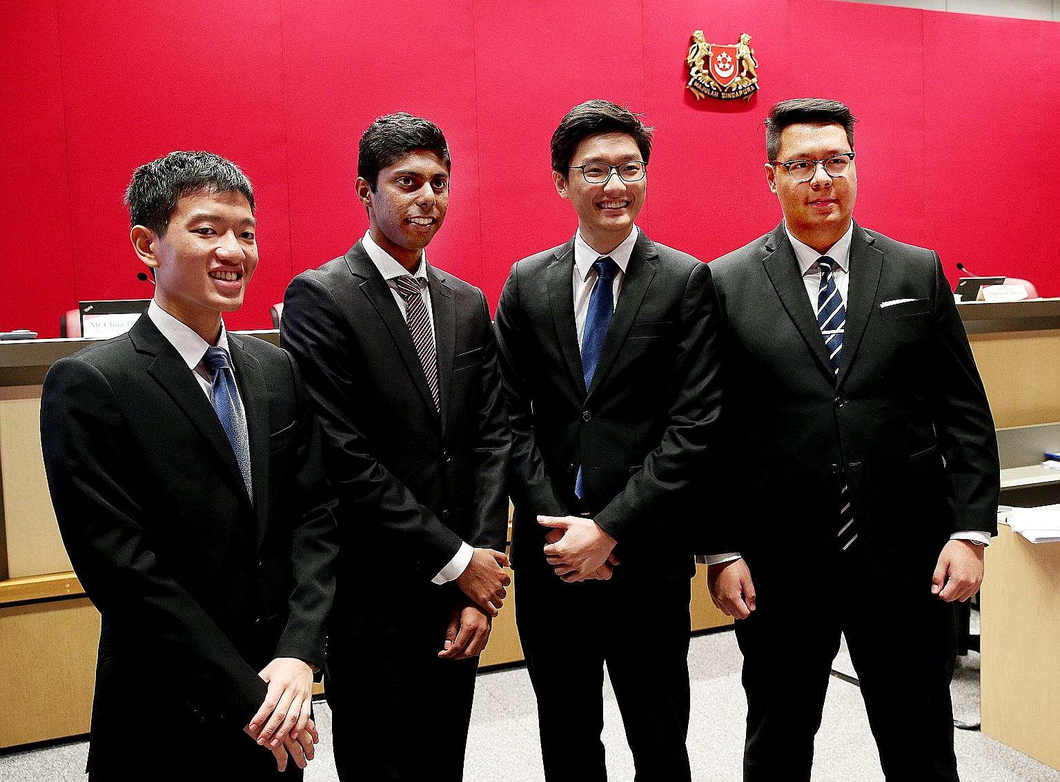 Singapore Management University law students (from far left) Mok Zi Cong, Mohamed Arshad Mohamed Tahir, Ko Yuen Hyung and Alexander Lee at the hearing yesterday. Mr Lee said having three specialised wings for the president to consult would improve th