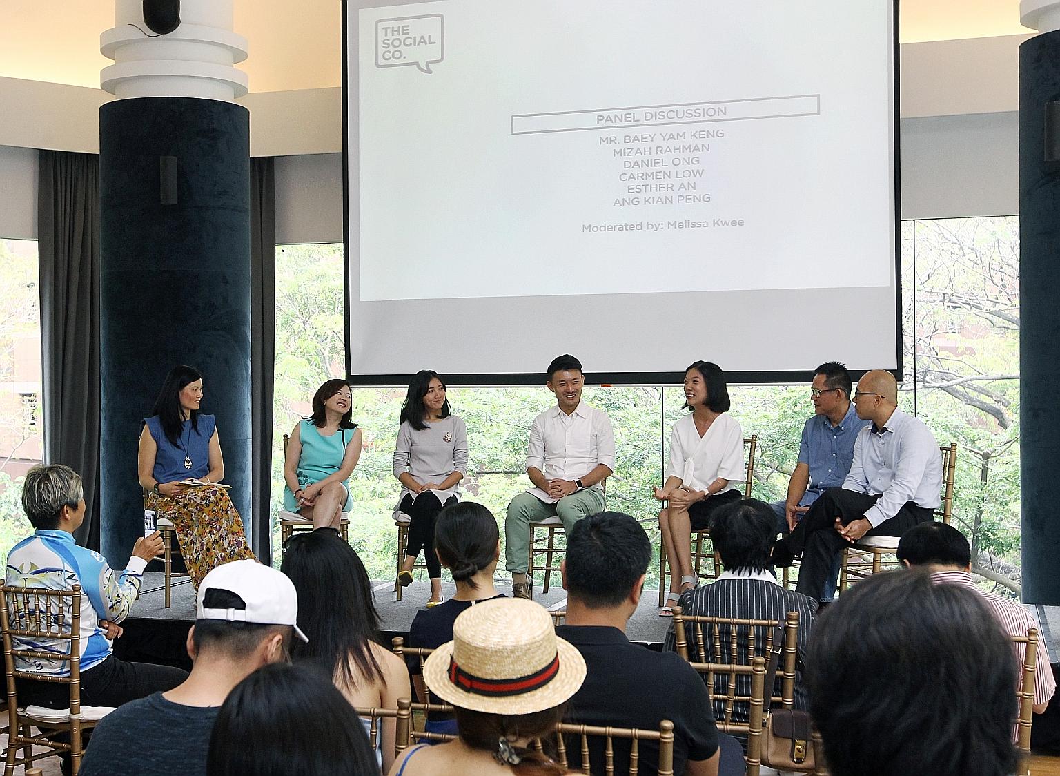 Parliamentary Secretary for Culture, Community and Youth Baey Yam Keng (centre) in a panel discussion on charity initiatives, moderated by National Volunteer and Philanthropy Centre chief executive Melissa Kwee (far left).