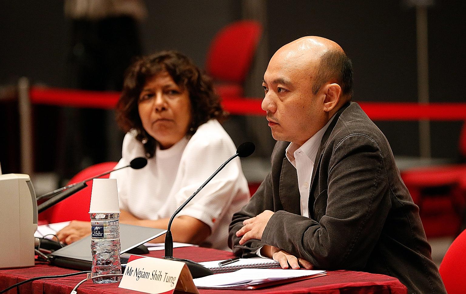 Rights group Maruah representatives Braema Mathi and Ngiam Shih Tung at the Constitutional Commission hearing yesterday.