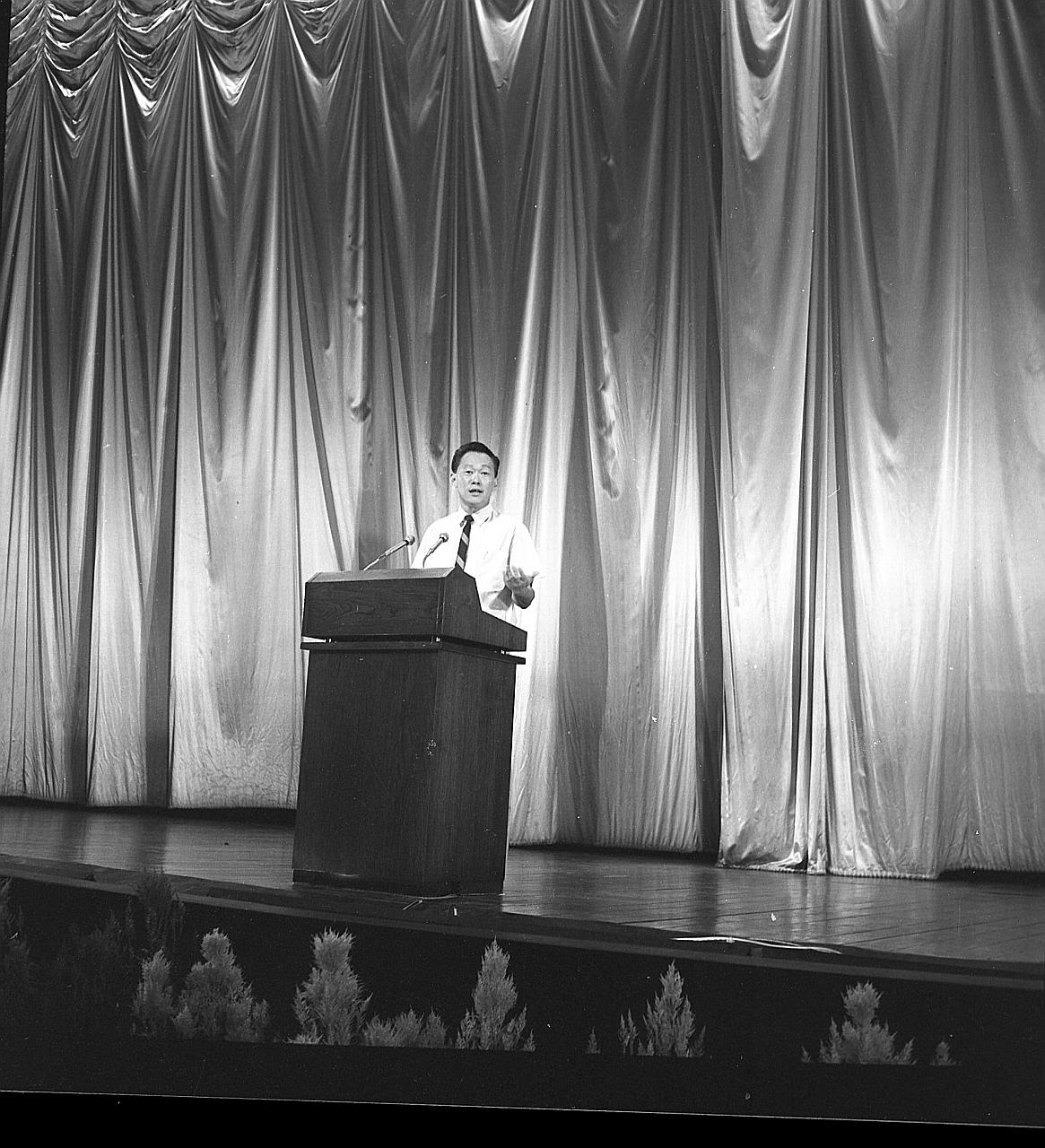 Then Prime Minister Lee Kuan Yew speaking at the National Day Rally at the National Theatre on Aug 16, 1968. That stirring speech and others that listed the key developments and challenges of the Republic, as captured in the annual National Day messa