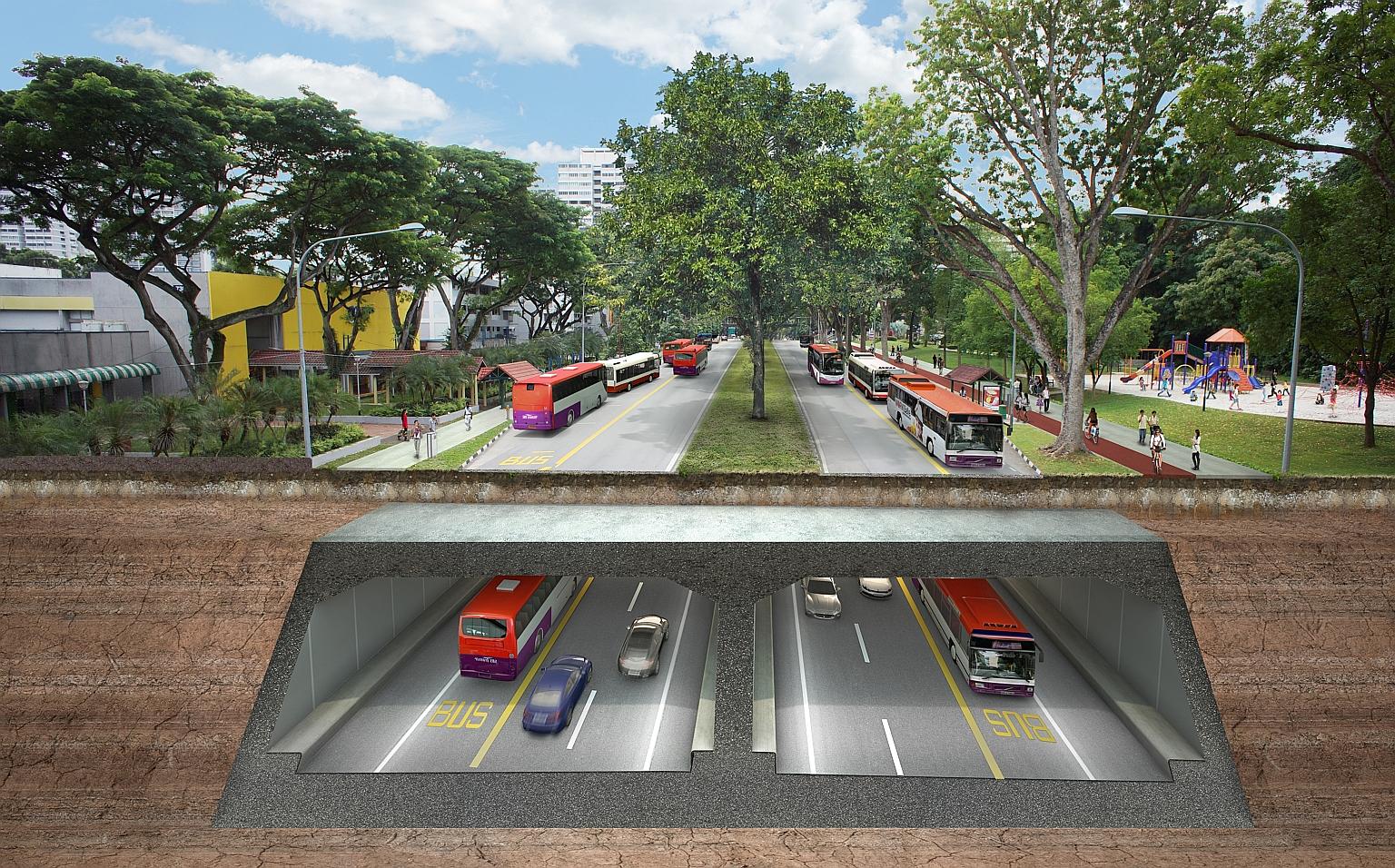 An artist's impression of the North-South Corridor along Ang Mo Kio Avenue 6. The project is set to be completed in 2026.
