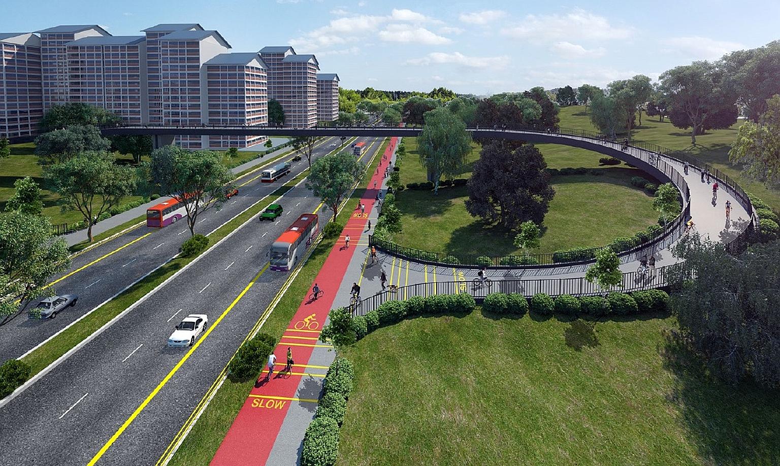 Artist's impression of the Marymount Road section of the North-South Corridor, Singapore's first integrated transport corridor that will have dedicated bus lanes and a cycling route. It will link towns in the north to the city. Major construction wor