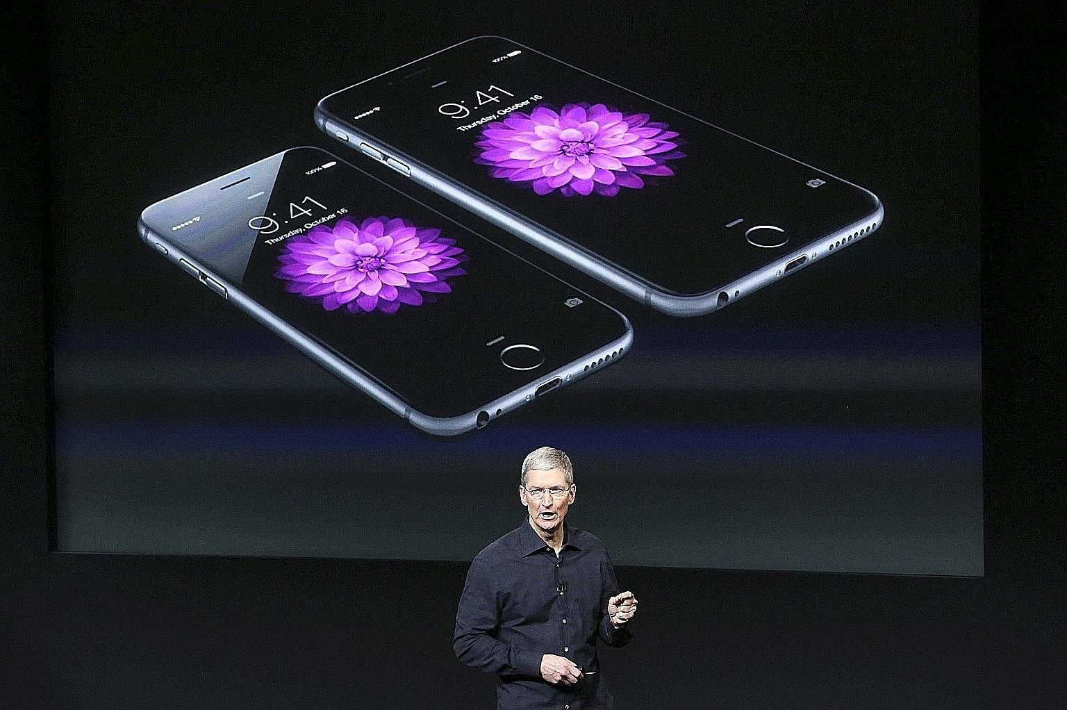 Apple CEO Tim Cook with a screen displaying the iPhone 6 during a presentation at Apple headquarters in Cupertino, California, in an Oct 16, 2014 file photo. Previously, under Mr Steve Jobs, Apple had a track record of cannibalising its own products.
