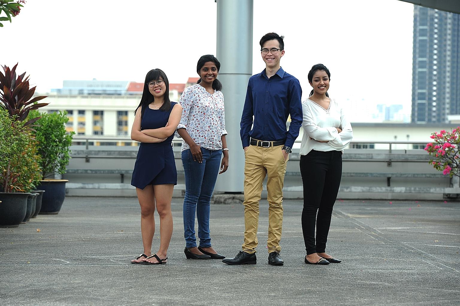 Among the poly grads studying at local universities are (from left) Ms Lena Tan, 20, and Ms Pavani Jeyathasan, 20, both at SMU; Mr Kenneth Gwee, 23, at NUS; and Ms Naseera Hidayahtullah, 21, at UniSIM.
